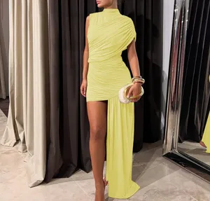 Summer sleeveless slim fit ruched bodycon irregular dress for women fashion chic daily wear