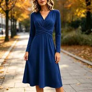 Solid V-neck cross-pleated long sleeve midi dress detail view, elegant autumn wear style.