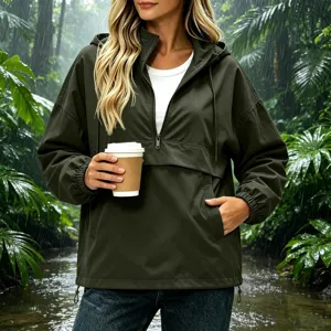 Women's waterproof hooded half-zip windbreaker jacket in solid dark green color, outdoor.