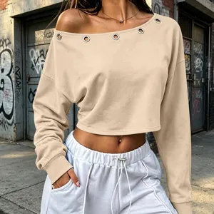 Chic women's off-shoulder long sleeve crop top with metal eyelets in solid khaki color.