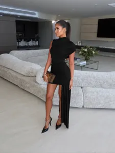 Women Ruched Bodycon Dress Sleeveless Asymmetrical Hem Round Neck Sexy Slim Fit Polyester Midi Dress Party Clubwear