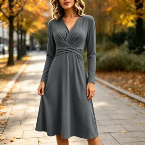 Elegant solid color long sleeve v-neck midi dress featuring crossover pleated waist design.