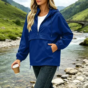 Casual blue hooded windbreaker jacket detail view, perfect for outdoor autumn wear.