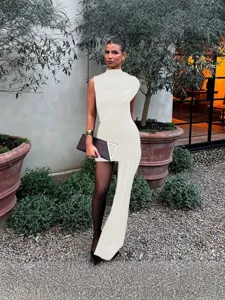 Elegant sleeveless asymmetrical ruched midi dress for women, summer party wear fashion style.