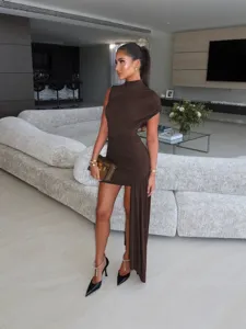 Summer slim crew neck ruched bodycon irregular sleeveless dress for women fashion chic.