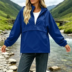 Women's solid royal blue hooded waterproof anorak windbreaker jacket for autumn outdoor casual wear