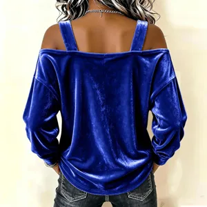 2026 new women long sleeve off shoulder velvet top with straps spring autumn fashion detail
