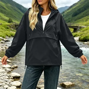 Details of the black half-zip hooded windbreaker jacket, casual outdoor style for women.