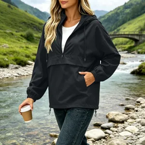 Women's waterproof hooded windbreaker jacket, solid color half-zip casual outdoor coat detail view.