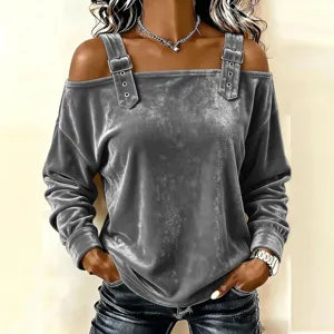 Grey velvet off shoulder long sleeve top with decorative straps and metallic buckle details.