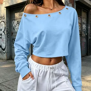 Casual solid color off-the-shoulder long sleeve sweatshirt with metal eyelets for women.