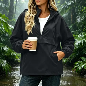 Women black hooded windbreaker jacket detail view, waterproof casual outdoor active coat.