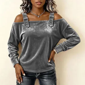 Grey velvet off-the-shoulder long sleeve top with decorative buckle straps for women detail view