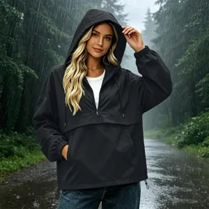 Women's waterproof hooded windbreaker jacket with zipper and pockets for outdoor wear