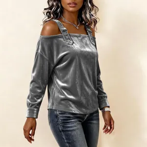 Grey velvet cold shoulder long sleeve top with buckle straps, elegant casual women clothing.