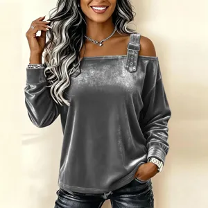 Velvet off-the-shoulder long sleeve top with shoulder strap and metal buckle detail.
