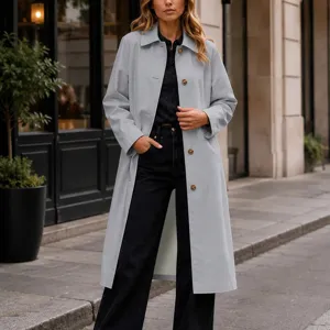Femme trench-coat bleu clair mi-long avec boutons style de rue manteau décontracté élégant