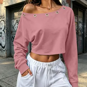Casual solid color off-shoulder top detail featuring metal eyelet neckline and long sleeves.