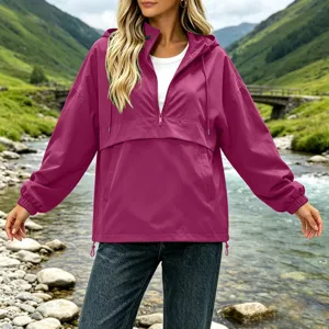 Women solid color waterproof hooded windbreaker jacket casual outdoor active coat details