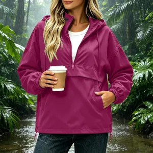 Outdoor rain jacket detail view showcasing waterproof fabric, half-zip hood, and casual style.