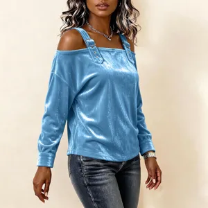 Detailed view of women's blue velvet off shoulder long sleeve top with decorative straps.