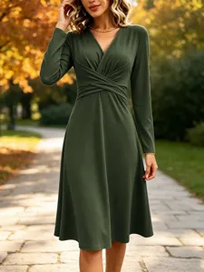 Women's Solid Color V-Neck Polyester Midi Dress Elegant Ruched Cross Waist Long Sleeve A-Line Commuting Casual Dresses
