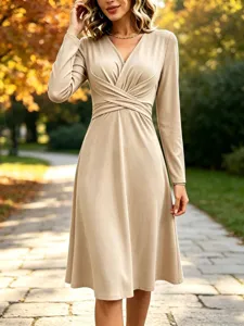 Elegant solid color V-neck long sleeve crossover pleated midi long dress for women.