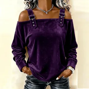 Purple velvet off shoulder long sleeve top for women with chic buckle strap fashion details.