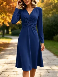 Solid V-neck long sleeve wrap midi dress for women, elegant casual autumn wear, 2026 new style
