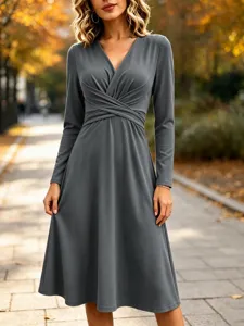 Solid color V-neck crossover waist long sleeve midi dress for women elegant daily wear.
