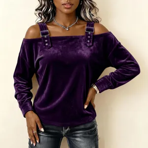 Purple velvet off shoulder long sleeve top with chic shoulder straps and metal buckle details.