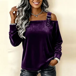 Stylish purple velvet off-shoulder long sleeve top with decorative strap detail for women.