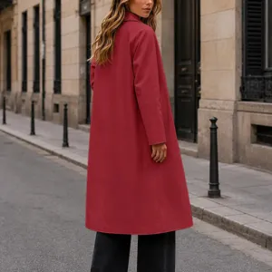 Femme manteau long uni a revers et boutons automne hiver vetement decontracte detail