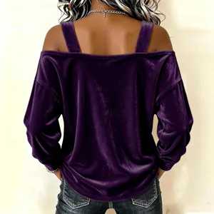 Purple velvet off-the-shoulder long sleeve top with straps, stylish women's clothing detail.