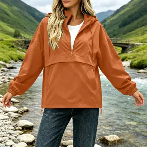 Women's waterproof windbreaker jacket, casual orange hooded outdoor coat with zipper.