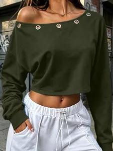 Women Casual One Shoulder Long Sleeve Top Solid Color Metal Eyelet Short T-Shirt Slim Fit Polyester Autumn Commute Pullover