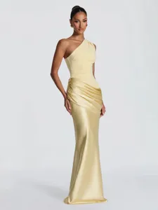 Women's Elegant One Shoulder Satin Maxi Dress Pleated High Waist Slim Fit Bodycon Evening Party Long Gown Polyester Clothing