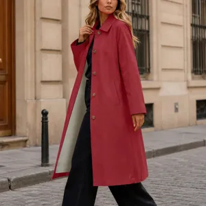 Femme manteau long rouge col à revers boutons mode automne élégant vêtement décontracté