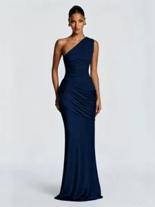 Elegant one-shoulder pleated satin maxi dress for women, slim fit evening party gown.