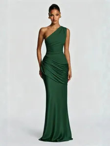 Elegant one-shoulder pleated satin slim long dress for women evening party wear