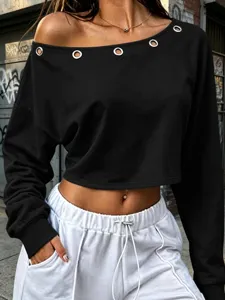 Women's solid color off shoulder long sleeve crop top with metal eyelet fashion street wear