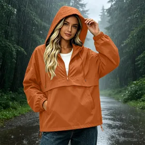 Women's waterproof hooded windbreaker jacket casual outdoor half-zip orange outerwear coat