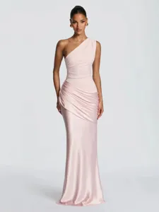 Elegant pink one-shoulder draped satin maxi dress featuring a chic slim fit silhouette.