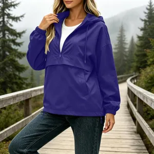 Women's purple hooded zip-up windbreaker jacket, outdoor waterproof daily casual outerwear.