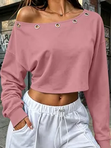 Solid color off-shoulder crop top for women, featuring chic metal eyelets and casual long sleeves.