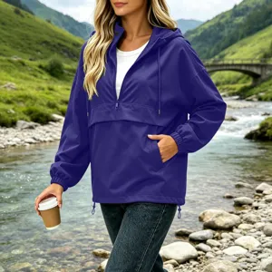 Women's purple hooded windbreaker jacket with zipper, casual outdoor outerwear for daily wear.