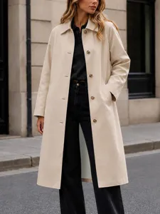 Manteau Mi-long pour Femme Décontracté Épissé à Revers Couleur Unie Boutonnage Simple Veste à Manches Longues pour Automne Hiver Extérieur