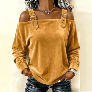 Detailed view of the women's off-the-shoulder velvet long sleeve top with shoulder strap and metal buckle.