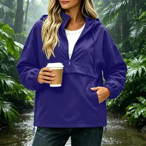 Closeup of purple hooded waterproof anorak jacket pocket and zipper detail in rain forest scene.