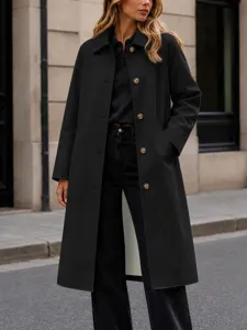 Femme manteau mi-long uni à revers simple boutonnage automne hiver mode vêtements